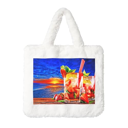 Sac à main en peluche blanc imprimé plage tropicale pour femme idéal en fourre-tout tendance