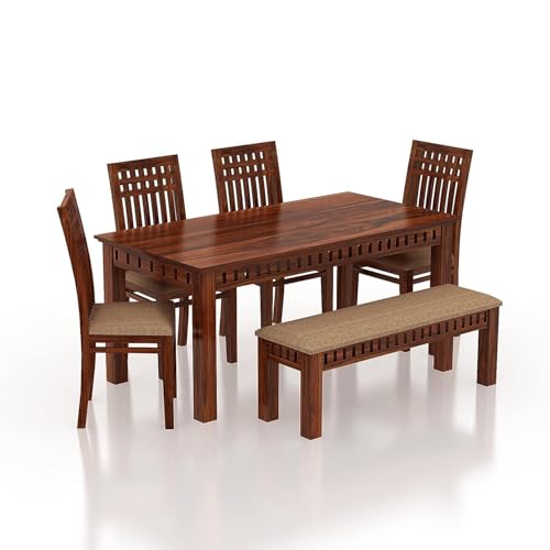 Image of Sheesham Wood Rectangle Dining Table with 4 Cushion Chairs and 1 Bench | Wooden Multipurpose 6 Seater Dining Table Set Furniture for Living Room, Home, Restaurant and Hotel (Natural Finish)
