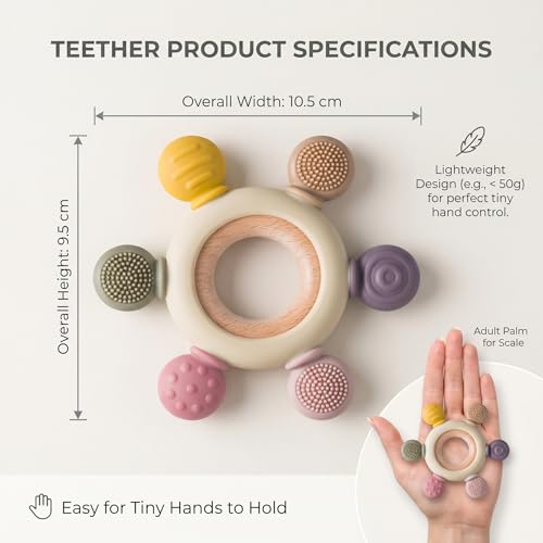 Image of Blushbaby Silicone & Wooden Baby Teether for 3+ Months Babies | BPA Free Soft Chew Teething Ring for Infants & Newborns | Safe Sensory Teether for Gum Relief | Round Shape | Beige