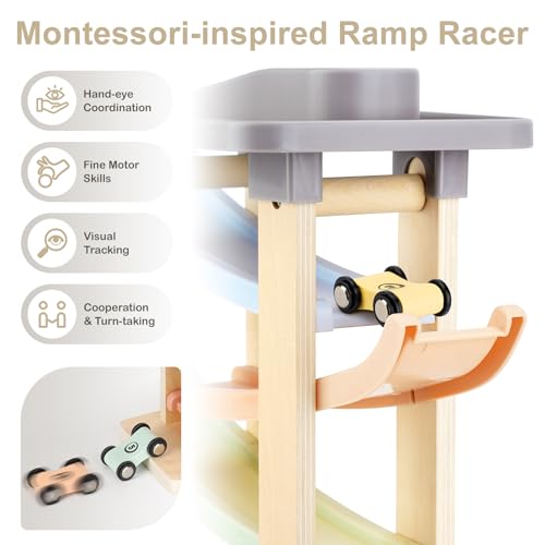 Joyreal Kugelbahn Baby Holz ab 1 2 3 Jahr - Montessori Auto Spielzeug, Kugelbahnen Holzspielzeug Kinderspielzeug Geschenk zum 1. Geburtstag Junge Mädchen Baby