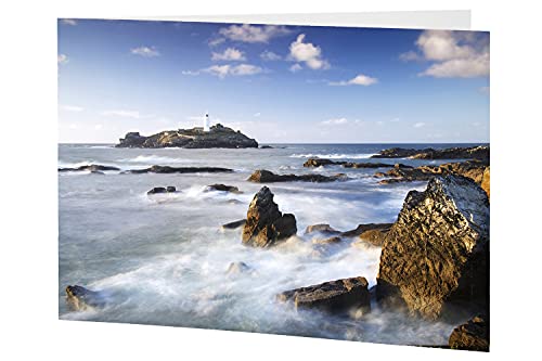A5 Greetings Card featuring a photograph of Godrevy Lighthouse in Cornwall by Andrew Ray.