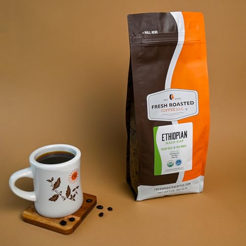 Image of Fresh Roasted Coffee, Organic Ethiopian Water-Processed Half-Caf Drip Ground Coffee, Medium Roast, USDA Organic, 100% Single Origin, Kosher, 2 lb (32 oz)