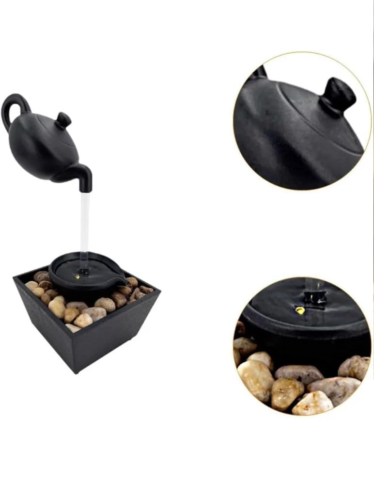Image of Indoor Tabletop Water Fountain with LED Light & Natural Pebbles - Flowing Pot Design, Decorative Mini Waterfall for Home, Office & Meditation