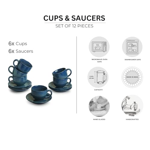 Image of ExclusiveLane 'Ocean Ripples' Ceramic Tea Cup and Saucer Set of 6 (Studio Pottery, 120 ml, Blue, Microwave Safe) |Ceramic Cup Saucer Set of 6 for Tea Cups with Saucer Chai Cup Coffee Cup with Saucers