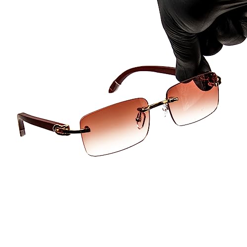 Men Women Burgundy Gradient Tint Rimless Gold Frame Rectangle Sun Glasses Vintage Woodgrain Square Shades 90s Retro Unisex Hip Hop Frameless Stylish Designer Wood Arm Sunglasses4