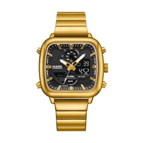 Image of Mark FAIRWHALE Luxury Men's Digital Quartz Watch - Waterproof 3ATM Chronograph Wristwatch with Luminous Display, Auto Date & Dual Time Display (Gold /Black)