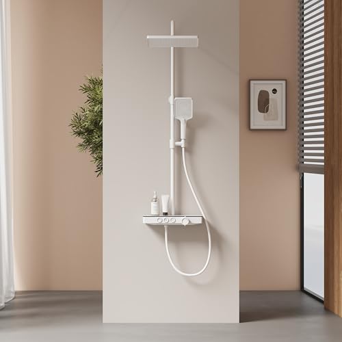 EMKE Columna de Ducha Termostática,1127x460x360mm,Ducha de Lluvia,Ducha de Mano 3 Funciones,Altura Ajustable 797-1127mm, Blanco Mate,Cuerpo de Cobre y Panel de Vidrio, Diseño Moderno