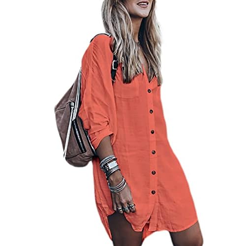 Bsubseach Womens Long Sleeve Linen Swimsuit Cover Up Button Down Beach Cover Ups Summer Swim Shirt Dresses Bright Orange One Size