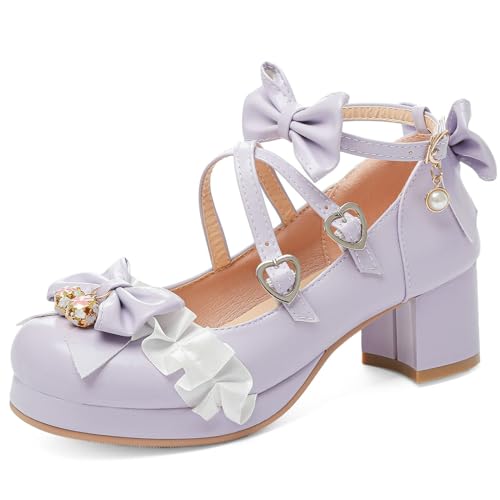 LUXMAX Ankle Strap Pumps Kawaii Shoes for Women Chunky Heel Bow Mary Janes Platform Pumps with Buckle Lace Cute Pumps