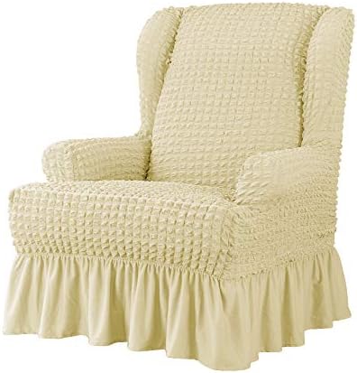 EIVMAX Seersucker Stretch Wingback Chair Slipcover with Skirt 1-Piece Light Yellow Wing Chair Covers Wingback Armchair Slipcover Sofa Cover Non Slip Washable Furniture Protector (Light Yellow)