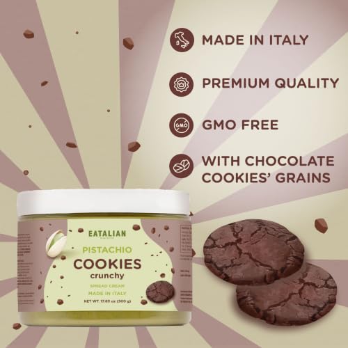 Image of EATALIAN by AMZ BETTER Pistachio Cream with Sweet Crunchy Cookies, 17.63 oz /500 gr, Delicious Spread with a Uniquely Sweet Taste, Ideal on Bread, Excellent for Dubai Chocolate, Made in Italy