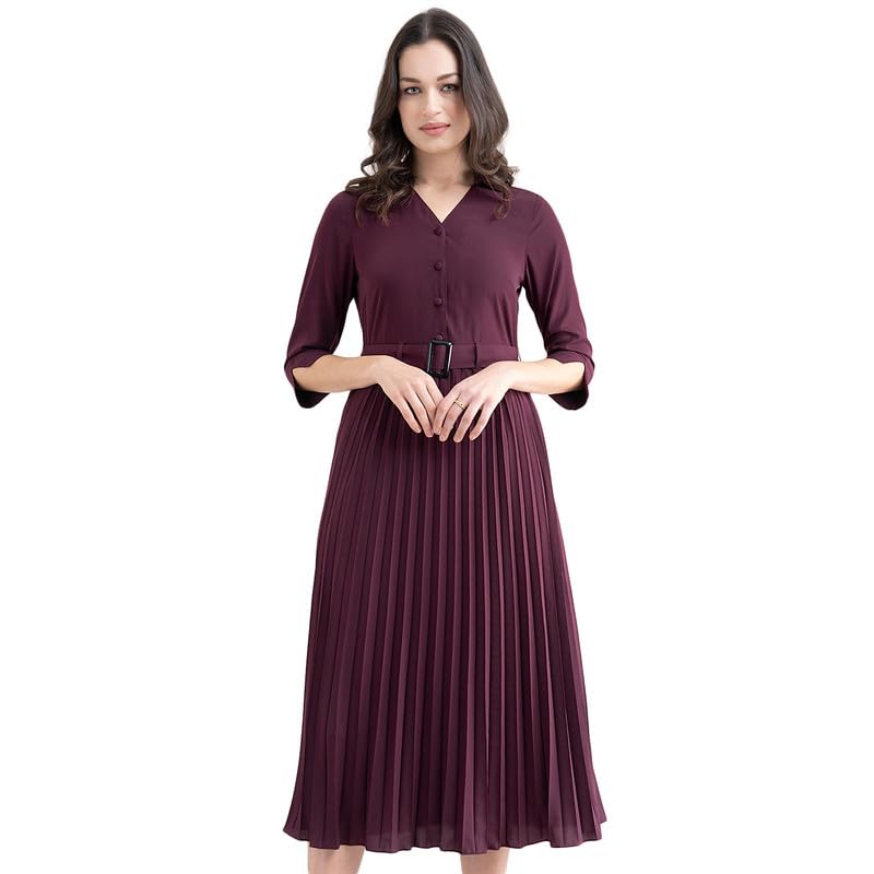 fablestreet Women's Casual A-line Striped Maroon Shirt Dress-picture-36