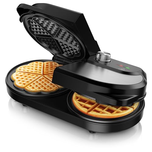 Arendo - Waffeleisen doppelt - Belgische Waffel/Herzform - zwei verschiedene Designs - 2 Zonen - Temperaturregler - Antihaftbeschichtung – 1400 W - Edelstahl - silber/schwarz - BPA frei Arendo - Waffeleisen doppelt - Belgische Waffel/Herzform - zwei verschiedene Designs - 2 Zonen - Temperaturregler - Antihaftbeschichtung – 1400 W - Edelstahl - silber/schwarz - BPA frei