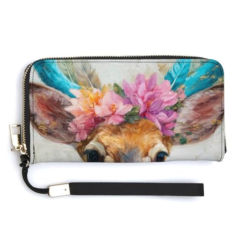 Deer with Boho Florals And Feathers PU Leather Clutch Long Bifold Wallet, Coin Purse Credit Pass Case, Durable Card-Holder Money Storage for Women Men