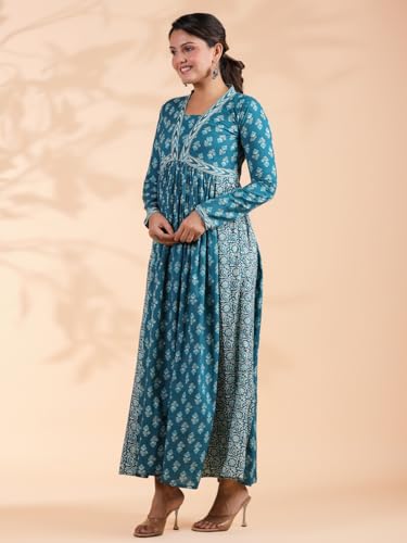 Image of Vbuyz Women's Floral Print Anarkali Cotton Aqua Blue Stitched Kurta | Anarkali Kurti for Women | Kurta for Women