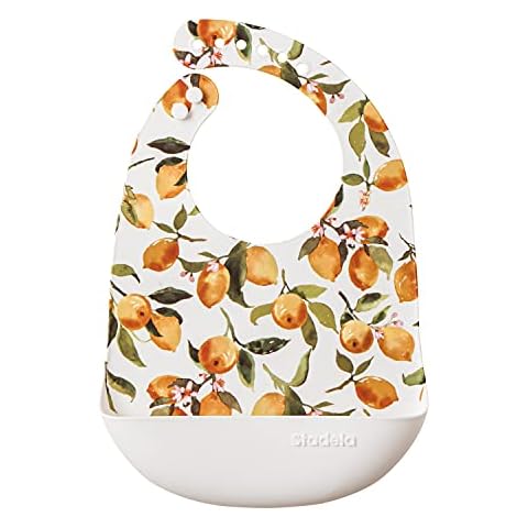 Stadela Baby Silicone Feeding Bib, Waterproof Adjustable, Unisex for Baby Boy or Girl, Bohemian Summer Tropical Print with Lemon Cover