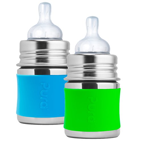 Pura Kiki Stainless Steel Infant Bottle, 5 Ounce, Set of 2, Green and Aqua