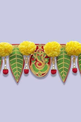 Image of Saugat Traders Flower Toran for Home /Mandir Entrance Door - Ganesh Pan Marigold Hanging - Fabric Toran for Main Door /Wall Hanging - Bhandwar Door Toran - Pooja Room - 90 cm