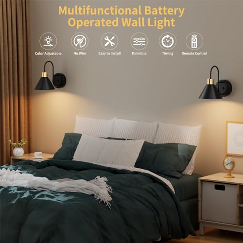 Image of Frideko Rechargeable Wall Sconces Set of Two, 3 Color Dimmable Battery Operated Wall Lights with Remote, Black Wireless Wall Lamp with Timer, Indoor Sconce Lighting for Living Room Bedroom Picture