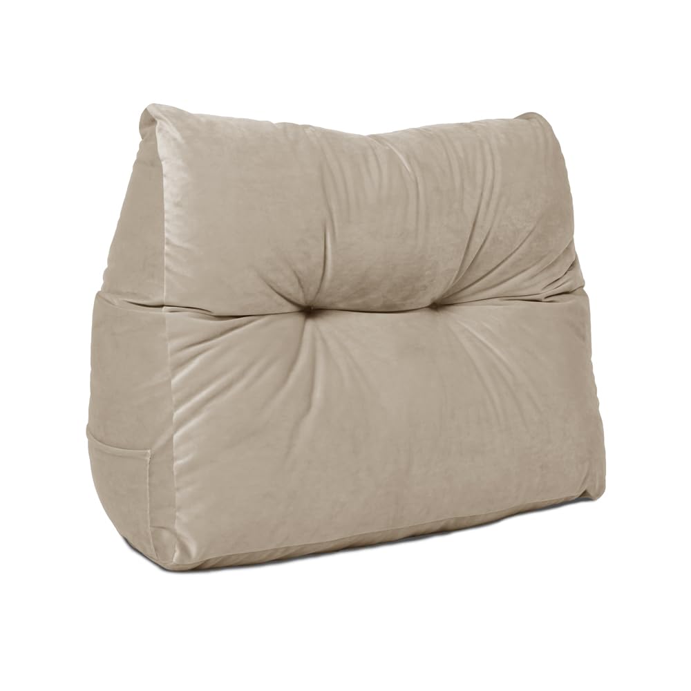 Lancashire Textiles Beige 20 X 50 X 60Cm (Armchair) Luxury Velvet Triangular Wedge Bedroom Armchair Headboard Cushion - Headboard Bolster Support Pillow For Bed, Sofa, Chair - Made In Britain