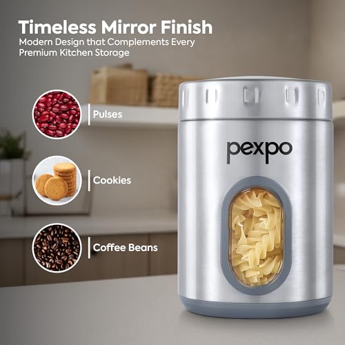 Image of Go24 pexpo Freshmate Stainless Steel Container 1000ml (Set of 4) | Transparent Kitchen Storage Container | Airtight | Multipurpose | Jar for Dry Fruits, Dal, Snacks, Tea, Coffee, Sugar - Matte Finish