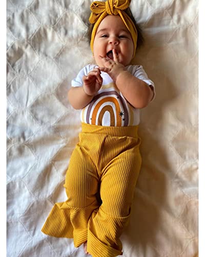 Hiusmilekid Newborn Infant Baby Girl Clothes Set Rainbow Romper Bodysuit Flare Pant Bell-Bottom Summer Outfit 3Pcs #TOP1
