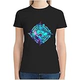 Damen T-Shirt Baumwolle Crewneck Kurzarm Mehrere Farboptionen Wikinger blaues Tattoo Print Sportswear Black XXL