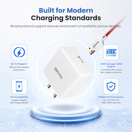 Image of Geonix Atomic A45 45W Fast Charger with 1Meter Type-C Cable | USB-A QC 3.0 Output | Multi-Protocol Fast Charging | FR Fire-Resistant Material | Travel-Friendly Mobile Charger Adapter(White)