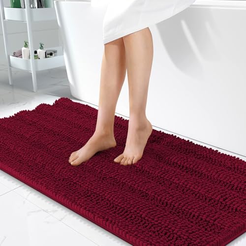 Image of OLANLY Thick Bathroom Runner Rugs 47x24, Extra Absorbent Chenille Striped Bath Rugs, Rubber Backing, Machine Wash Dry, Long Bath Mats for Bathroom, Tub and Shower, Home Decor Accessories, Burgundy