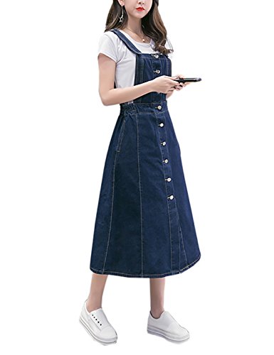 Gihuo Women's School Style Button A-Line Denim Overall Dress Casual Long Suspender Skirt (Blue, Large)