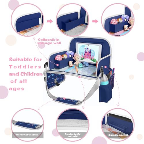 Image of MENZOKE Kids Travel Tray for Toddler Car Seat, Road Trip Essential Lap Tray | Toddler Gift for Boy Activities with Dry Erase Board, iPad Holder Stand, Cooler Cup Holder & Adjustable Strap, Dark Blue