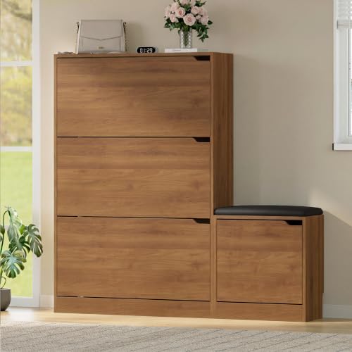 Image of BORNOON Shoe Cabinet with Bench and 3 Flip Drawers, Slim Narrow Shoe Storage Cabinet, Freestanding Shoe Rack Organizer with Adjustable & Removable Shelves, Anti-Tip for Entryway, Hallway, Foyer