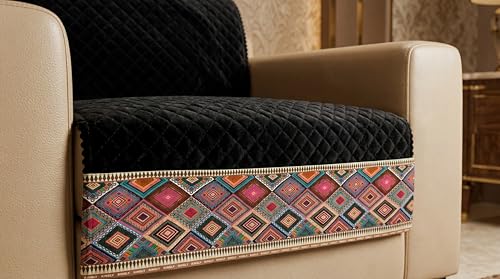 Image of KINGLY Sofa Cover 3 Seater Fully Covered | Stretchable Anti-Slip Slipcover | Washable Furniture Protector | Black Multicolor | Set of 2 | Seat & Back |