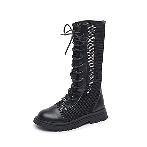 Girl's Fashion Lace-Up Side Zipper Mid Calf Combat Riding Boots Breathable Mesh Fabric High Boots Lightweight Sandals