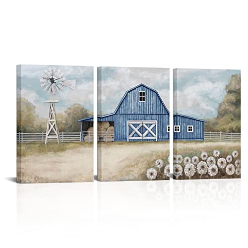 Atgowac Farmhouse Wall Art Rustic Country Barn Windmill Pictures Framed Canvas Wall Art Farmhouse Bedroom Living Room Wall Decor (Blue Barn) (16Inchx24Inchx3Panels) #TOP13