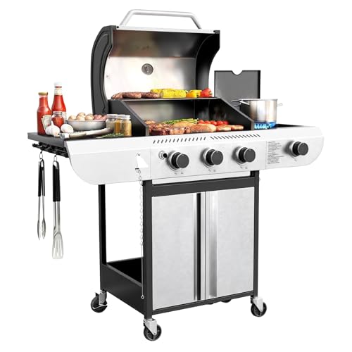 COWSAR 3-Burner Propane Gas Grill with Side Burner, 34,000 BTU Stainless Steel BBQ Grill with Porcelain-Enameled Cast Iron Grates, Outdoor Barbecue Grill for Patio Garden Cooking