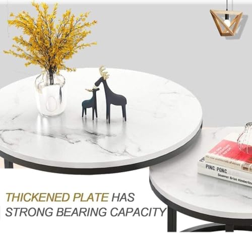 Image of Furniture Cafe Round Nesting Coffee Table Set of 2 - White Marble Finish with Black Metal Frame for Living Room