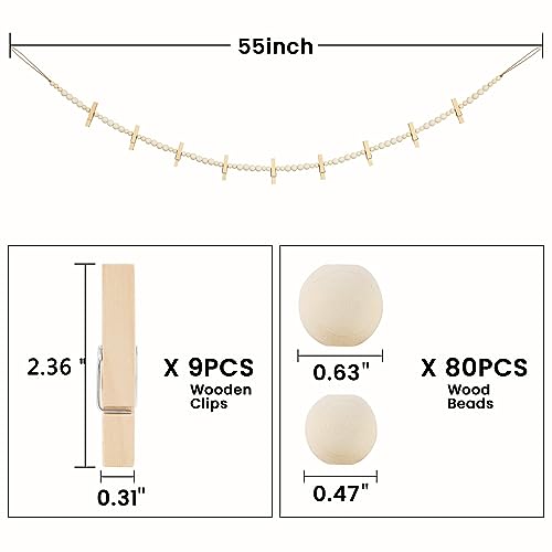 KLOGTSIND Hanging Photo Display Wall Decor, 2PCS Boho Wooden Bead Garland Collage Picture Frame with 9 Wood Clips for Bedroom, Living Room, Office, Dorm Decor, Photos Holder Teen Girl Gifts