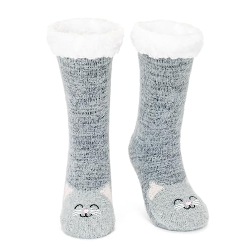 Slipper Socks for Women with Grippers Fuzzy Warm Soft Cozy Snuggle Socks,Thick Cute Cartoon Animal Plush-lined Valentines Day Gifts for Her
