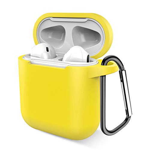Airpods Case, Music tracker Protective Thicken Airpods Cover Soft Silicone Chargeable Headphone Case with Anti-Lost Carabiner for Apple Airpods 1&2 Charging Case (Yellow)