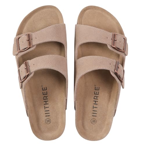 IIITHREE Cork Footbed Womens Sandals, Two Adjustable Strap with Bucklse Flat Slide Sandals, Arch Support Summer Sandals for Women - image 8