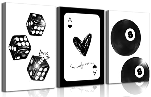 3Pcs Black and White Lucky Dice Canvas Wall Art Trendy