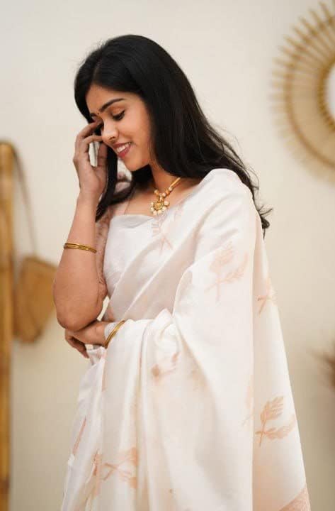 Image of Flosive Women's Kanjivaram Soft Lichi Silk Saree With Blouse Piece (White)