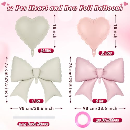 Image of 12 Pcs 18 Inch Heart Balloons and 38 Inch Bow Balloons, Large Foil Bow Heart Balloon Bow Party Decorations for Birthday Baby Shower Valentines Wedding Party