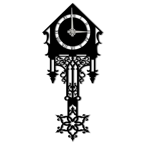 BONPERLA Vintage Pendulum Wall Clock – Ornate Black Metal Design with Roman Numerals – Silent Quartz Movement – Gothic Style Wall Décor for Living Room, Entryway, or Hallway (13 x 29.H)