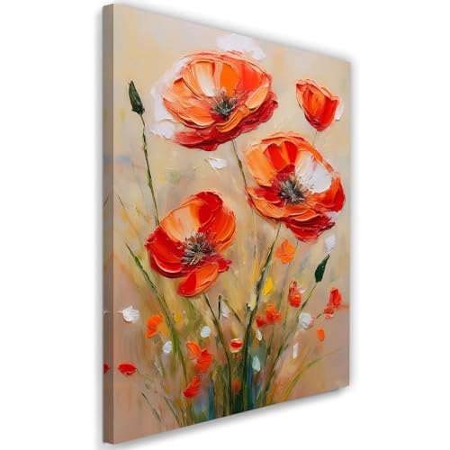 Feeby - Impression sur Toile - Tableau Decoration Murale - Coquelicots peints en champ rouge - 40x60 1partie - Salon Peinture Tableaux - Moderne Reproductions...