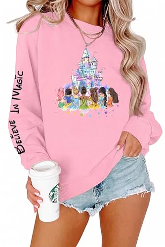 FRELPIXO Magic Princess Sweatshirts Women Believe in Magic Sweater Fleece Princess Vacation Long Sleeve Pullover Top Pink