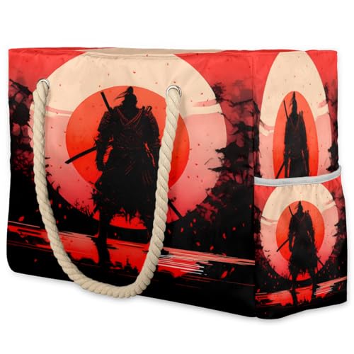 Japanese Samurai Pattern Large Beach Bag Waterproof Beach Bag for Women Oversized Sandproof Beach Tote Bag with Zipper for Gym Travel Daily Pool Bag Big Tote