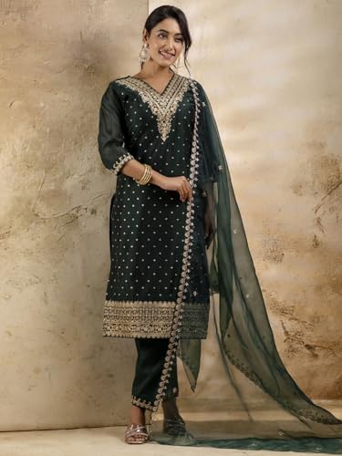 Image of VredeVogel Women's Chanderi Silk Embroidered Kurta with Pant & Organza Dupatta Set | Casual Outfit Ethnic Kurta Set for Women | Modern & Traditional Blend Ethnic Wear