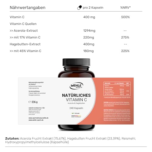 Vitamin C hochdosiert – 240 vegane Kapseln, 4-Monats-Vorrat, mit Acerola- und Hagebutten-Extrakt, 400mg Vitamin C pro Tagesdosis (2 Kapseln), laborgeprüft – Wehle Sports®